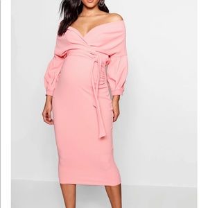 Boohoo Maternity Off The Shoulder Wrap Midi Dress